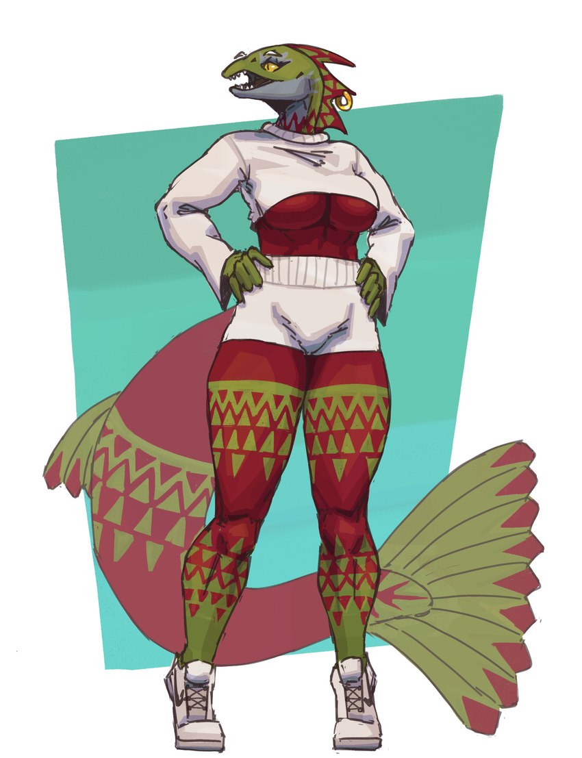 anthro breasts clothing cropped_sweater female footwear furgonomics furry-specific_piercing high_waisted_bottomwear high_waisted_shorts long_sleves midriff piercing ring_piercing shoes solo sweater tail teeth topwear triangle_(shape) under_boob yellow_eyes zed-s acipenseriformes fish marine sturgeon absurd_res hi_res