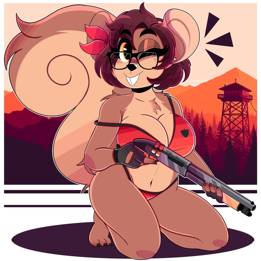 anthro bikini brown_body brown_fur brown_hair buckteeth clothing countershade_torso countershading ear_piercing eyewear female fingerless_gloves fluffy fluffy_tail fur glasses gloves gun hair handwear kneeling one_eye_closed piercing ranged_weapon shotgun solo swimwear tail teeth two-piece_swimsuit weapon wink olly_moss wireless_shiba firewatch shelly_bélier mammal rodent sciurid tree_squirrel 1:1 2024 absurd_res hi_res