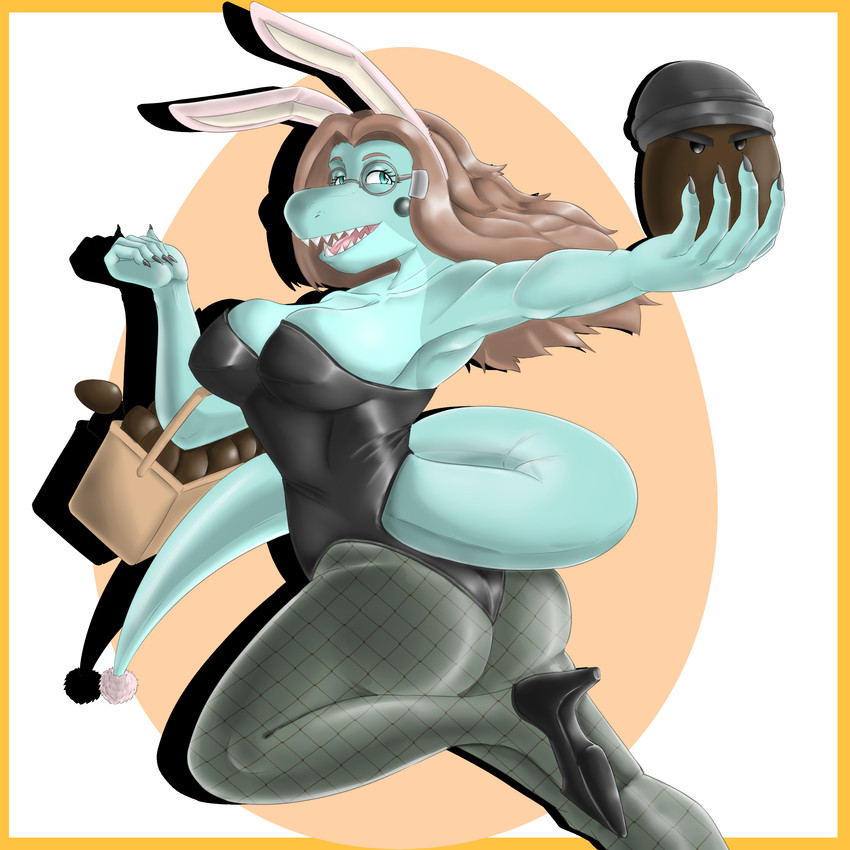 anthro athletic athletic_anthro athletic_female big_breasts biped blue_body blue_eyes breasts brown_hair bubble_butt bunny_costume butt claws clothing costume egg egg_basket fake_ears fake_rabbit_ears female finger_claws fingers fishnet_clothing fishnet_leggings fishnet_legwear footwear furgonomics hair head_turned high_heels holding_egg holding_object holidays humanoid_hands leggings legwear long_hair long_tail looking_at_viewer non-mammal_breasts open_mouth open_smile pose sharp_teeth shoes side_boob side_view simple_background smile solo tail teeth badfidhell easter hold_onto_mi tiffany_(hold_onto_mi) dinosaur prehistoric_species reptile scalie 1:1 absurd_res colored hi_res shaded