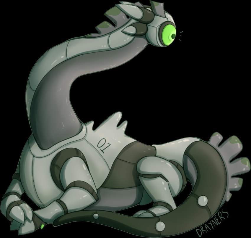 1_eye 4_ears ambiguous_gender bar_emanata black_body black_sclera cloven_hooves countershading dewclaw_hooves emanata feral green_eyes grey_body grey_countershading hooves id_number long_neck long_tail looking_away lying machine mouthless multi_ear on_front quadruped segmented_legs segmented_neck segmented_tail simple_background solo surprised_expression synthetic tail text thick_tail three-quarter_view toony transparent_background unguligrade unusual_ears very_long_neck wide_eyed drayners 01_(emx) megalurker omnitope robot 2022 alpha_channel artist_name digital_media_(artwork) shaded