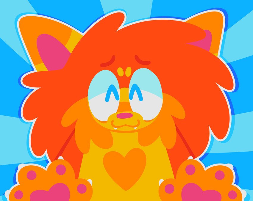 abstract_background anthro cheek_tuft cute_fangs eyebrows facial_tuft fangs fluffy fluffy_hair front_view hair heart_(marking) long_hair male markings nude pawpads smile solo teeth tuft furrysauce woofles_(furrysauce) canid canine canis domestic_dog mammal lineless trans_(lore) trans_man_(lore)