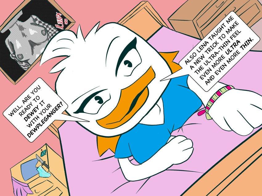 anthro bed broken_condom clothing condom disguise female furniture imminent_incest panties sexual_barrier_device solo speech_bubble underwear malachite_river disney ducktales ducktales_(2017) webby_vanderquack anatid anseriform avian bird duck 4:3 flat_colors hi_res