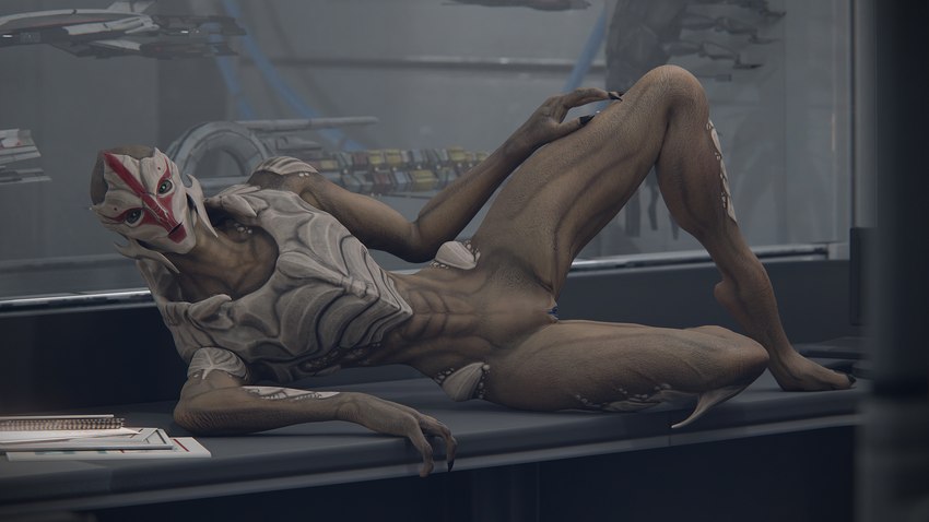 3_fingers bedroom_eyes biped bodypaint desk dominant dominant_female duo face_paint female fingers furniture genitals narrowed_eyes pussy romantic seductive table xenophilia doinks-ahoy bioware electronic_arts mass_effect mass_effect_2 nyreen_kandros alien turian 16:9 3d_(artwork) absurd_res digital_media_(artwork) hi_res widescreen