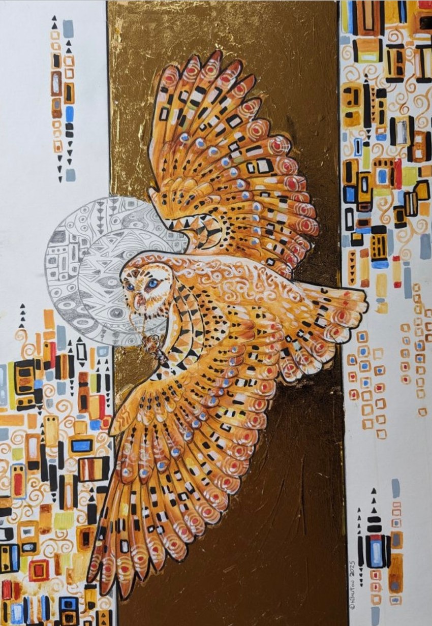 ambiguous_gender blue_eyes feathered_wings feathers feral flying gold_foil locket object_in_mouth solo tan_body tan_feathers wings yellow_body yellow_feathers heather_bruton avian barn_owl bird owl tyto tytonid 2025 colored_pencil_(artwork) hi_res marker_(artwork) traditional_media_(artwork)