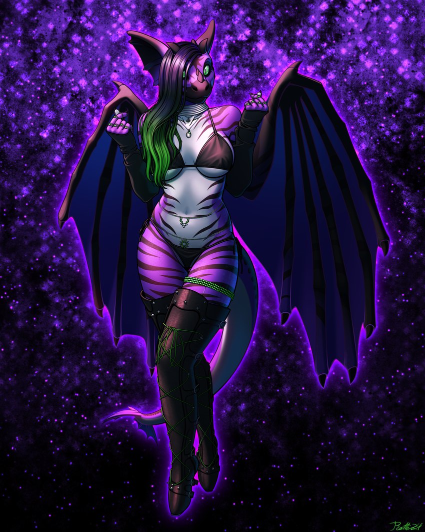 anthro arm_warmers armwear back_wings belly_chain bikini black_hair black_stripes boots choker clothing dragon_wings facial_horn female footwear green_eyes green_hair hair hair_over_eye head_horn horn jewelry legwear long_hair looking_at_viewer necklace nipple_outline nose_horn pupils purple_body purple_scales ring scales shoes slit_pupils solo stripes swimwear tail tail_scales thigh_highs thigh_jewelry two-piece_swimsuit warmers white_body white_scales wings conditional_dnp ratte mythology psychedelic_whiskers dragon mythological_creature mythological_scalie scalie absurd_res hi_res