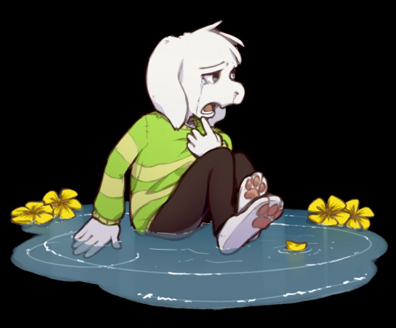 anthro barefoot bodily_fluids bottomwear clothed clothing crying feet flower fur male open_mouth pants pawpads pink_pawpads plant plantigrade sad shirt soles solo tears toes topwear water white_body white_fur akusuru undertale undertale_(series) asriel_dreemurr boss_monster_(undertale) bovid caprine goat mammal 2015 alpha_channel watermark