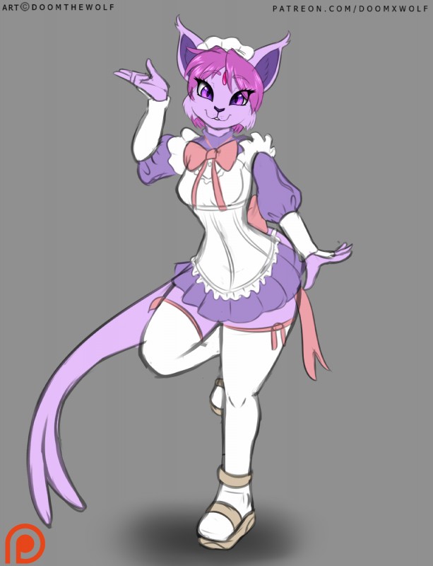 abstract_background anthro biped breasts cheek_tuft clothing cosplay ear_tuft facial_tuft female footwear forehead_gem forked_tail front_view fur gem grey_background hair inner_ear_fluff legwear looking_at_viewer maid_uniform on_one_leg patreon_logo pink_body pink_fur pokemorph pose pupils purple_body purple_eyes purple_fur purple_hair sandals shoes short_hair simple_background slit_pupils smile solo standing stockings tail text thick_thighs thigh_highs tuft uniform unusual_anatomy unusual_tail wide_hips doomthewolf cyberconnect2 little_tail_bronx nintendo patreon pokemon solatorobo flo_financier sereina eeveelution espeon felid generation_2_pokemon mammal pokemon_(species) 2016 english_text hi_res url