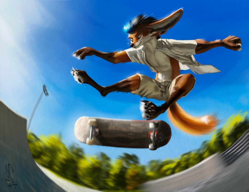 anthro black_nose bottomwear brown_body brown_fur clothed clothing day detailed_background feet fingers fur hair male multicolored_body multicolored_fur orange_body orange_fur outside shirt shorts skateboard sky solo toes topwear vehicle swish canid canine fennec_fox fox mammal true_fox 2019 digital_media_(artwork)