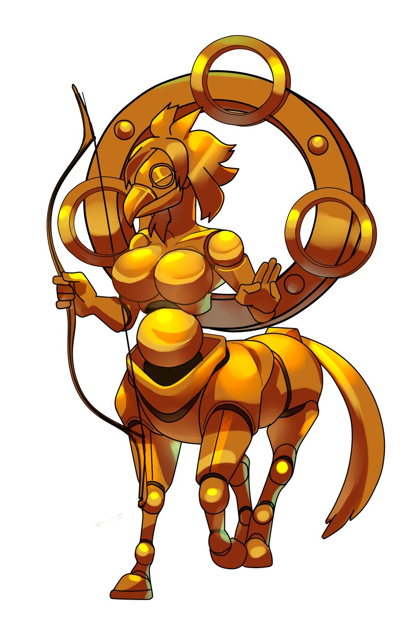 big_breasts bow_(weapon) breasts buddhism dogu_statue female gold_(metal) metallic_body prayer ranged_weapon sculpture segmented_body solo statue weapon fruitloop-chan chroma_(famwammer) yellow_roses avian avian_taur elemental_creature equid equid_taur gold_golem mammal mammal_taur metal_creature mineral_fauna taur 2:3 absurd_res hi_res