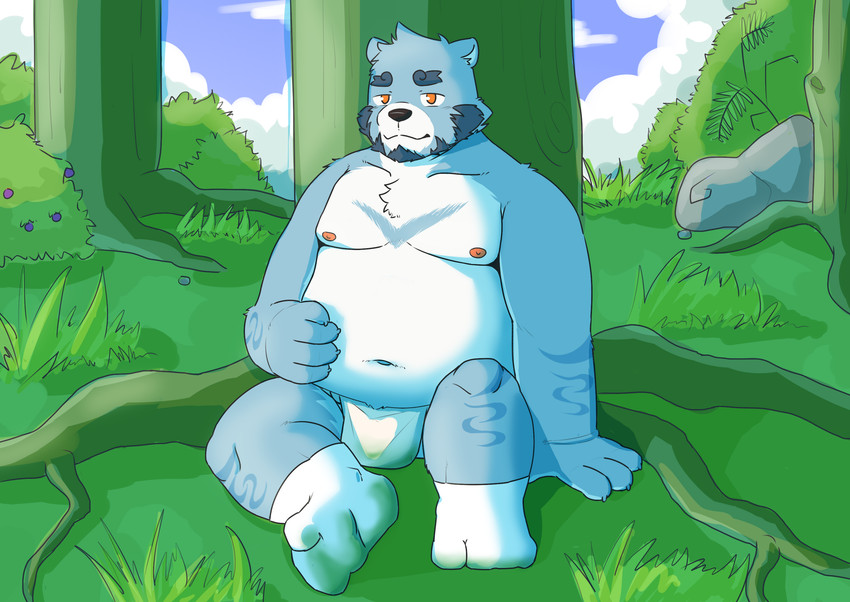 anthro asian_clothing belly blue_body blue_fur bulge clothing detailed_background east_asian_clothing fundoshi fur japanese_clothing kemono male moobs navel nipples outside overweight overweight_anthro overweight_male sitting solo underwear white_body white_fur hokolee32 bonasiah full_attack sophring_jie bear mammal 2020 hi_res