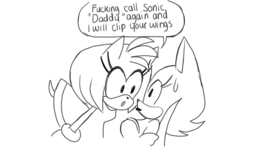 angry anthro dialogue duo female humor profanity scared shitpost text wazzaldorp sega sonic_the_hedgehog_(series) amy_rose rouge_the_bat bat eulipotyphlan hedgehog mammal 16:9 2022 english_text hi_res meme monochrome widescreen