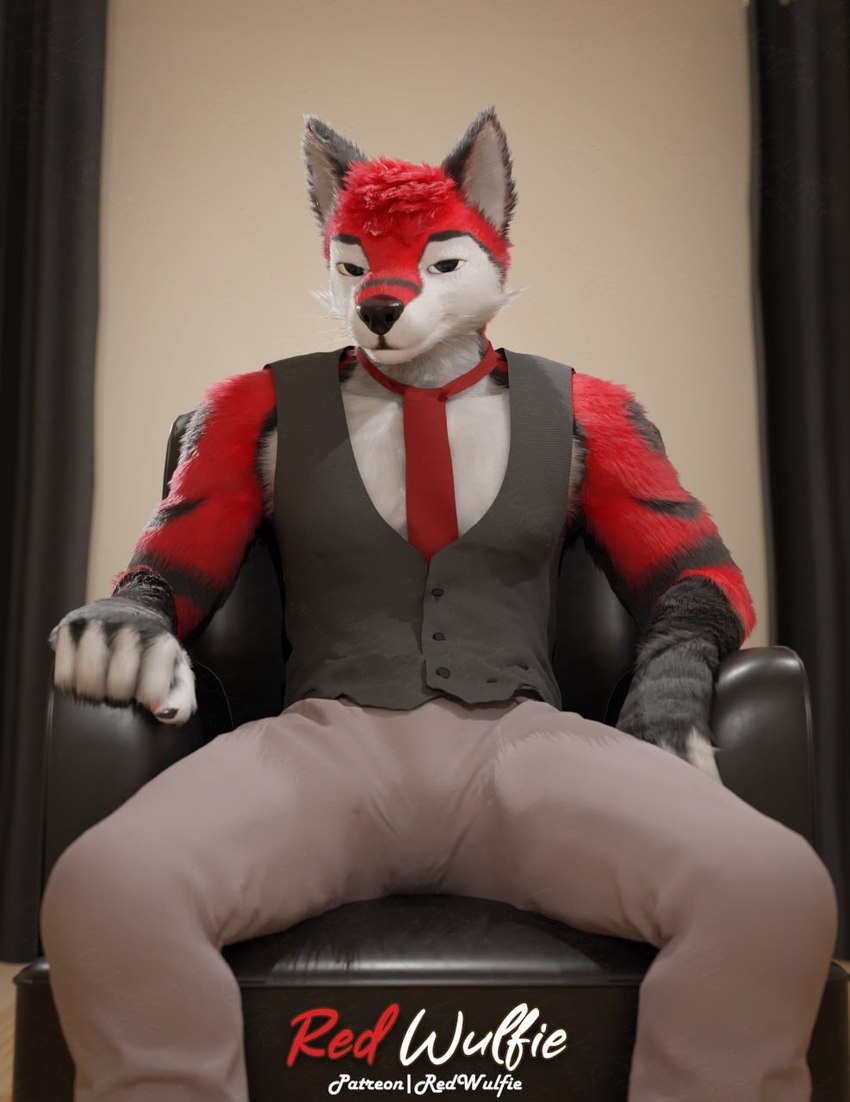 chair clothed clothing eyebrows furniture inside necktie patreon_username raised_eyebrows realistic sitting topwear vest red_wulfie blender_cycles red_(red_wulfie) animal_humanoid canid canid_humanoid canine canine_humanoid canis humanoid mammal mammal_humanoid wolf 2024 3d_(artwork) blender_(artwork) digital_media_(artwork) hi_res signature