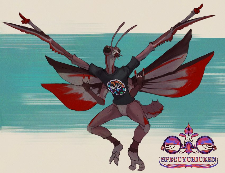 4_arms 4_wings antennae_(anatomy) anthro arthropod_abdomen bottomless brown_body clothed clothing compound_eyes countershading devil_horns_(gesture) double_devil_horns_(gesture) elytron gesture hand_gesture leg_markings male mandibles markings middle_finger multi_arm multi_limb multi_wing open_mouth red_markings rocking_out shirt shirt_only socks_(marking) solo spread_arms spread_wings t-shirt t-shirt_only tan_body topwear topwear_only wings speccychicken shay_milner arthropod insect mantis watermark