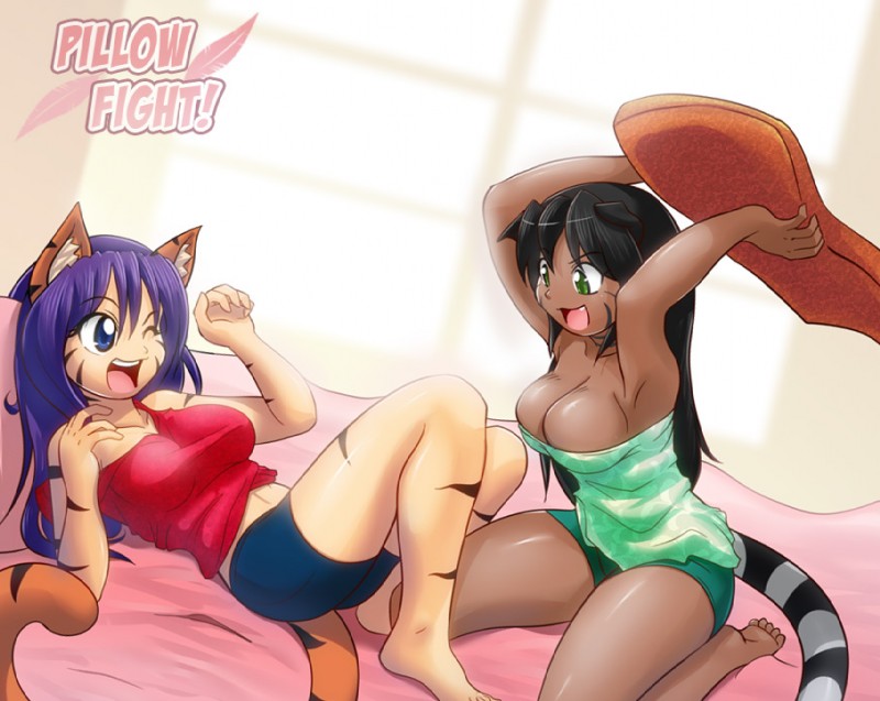 5_toes barefoot big_breasts black_hair black_stripes blue_eyes bottomwear breasts cat_tail clothed clothing duo facial_markings feet female green_eyes hair head_markings huge_breasts long_hair markings open_mouth pillow plantigrade purple_hair shirt shorts smile soles stripes toes topwear nekonny caribbean_blue yosh!_comics kate_summers kimi_(caribbean_blue) animal_humanoid cat_humanoid felid felid_humanoid feline feline_humanoid humanoid mammal mammal_humanoid