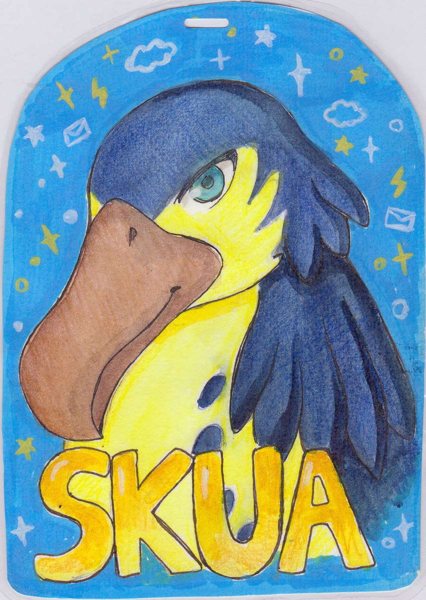 badge beak blue_body blue_feathers countershading feathers orange_body yellow_body yellow_feathers poppymori nintendo pokemon skua_(gyro) avian bird generation_9_pokemon kilowattrel pokemon_(species) hi_res portrait