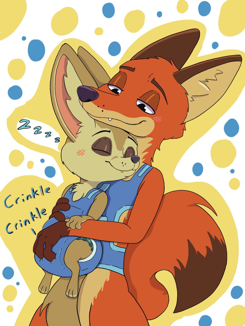 ageplay anthro baby_carrier blush clean_diaper clothed clothing crinkling cuddling diaper duo grope groping_crotch infantilism male male/male roleplay size_difference size_play sleeping smile wearing_diaper alonelyopossum disney zootopia finnick_(zootopia) nick_wilde canid canine fennec_fox fox mammal red_fox true_fox 3:4 hi_res adult_(lore)