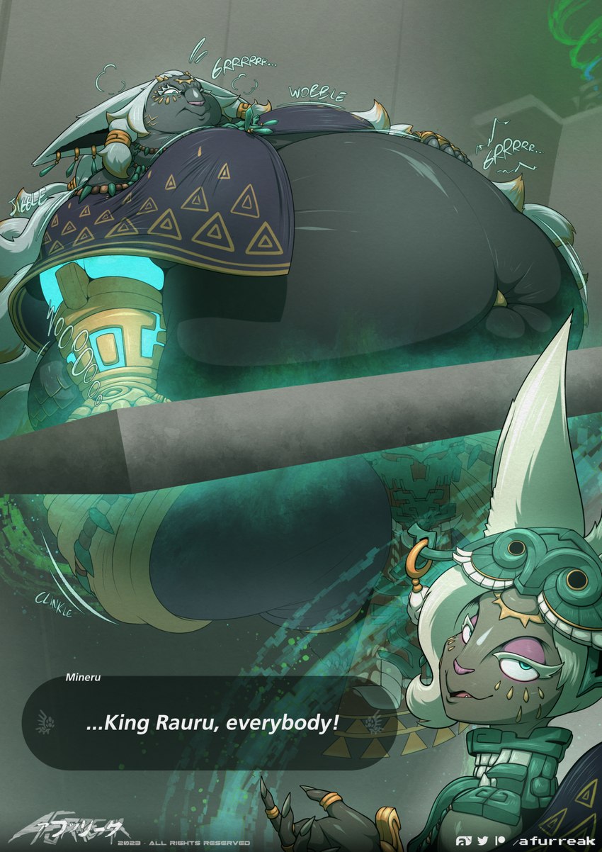 anthro armor ascend_(totk) belly big_belly bloated bottomwear breaking_the_fourth_wall claws clothed clothing dialogue duo ear_piercing ears_back ears_up eyewear eyewear_on_head facial_markings fangs female fur gloves goggles goggles_on_head grey_body hair hand_on_belly handwear head_markings huge_belly hyper hyper_belly loincloth looking_at_viewer male markings mask morbidly_obese morbidly_obese_anthro morbidly_obese_male mouth_closed narrowed_eyes navel navel_jewelry navel_piercing obese obese_anthro obese_male open_mouth overweight overweight_anthro overweight_male piercing pivoted_ears rauru's_arm ring smile smiling_at_viewer sound_effects speech_bubble struggling stuck talking_to_viewer teeth text third_eye_closed through_floor toe_claws tongue white_hair afurreak nintendo tears_of_the_kingdom the_legend_of_zelda mineru rauru_(tears_of_the_kingdom) humanoid zonai 2023 hi_res signature