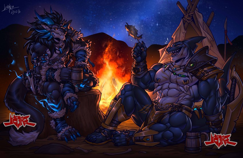 2_horns 4_toes abs anthro arm_guards arm_scar armband biceps black_body black_fur black_sclera blue_body blue_claws blue_flames blue_scales breechcloth campfire chest_markings chest_scar claws clothing container cup deltoids duo ear_piercing ear_ring elbow_fin facial_scar facial_spikes feet fin finger_claws footwear fur gem gold_markings grilled harness head_fin horn jewelry knife laugh leg_markings leg_scar male markings melee_weapon mountain mug multicolored_body multicolored_eyes multicolored_scales muscular muscular_arms muscular_thighs necklace night nipple_piercing nipples notched_fin obliques pawpads pecs piercing polearm quads red_eyes ring_piercing sandals scales scar sharp_teeth shin_guards shoes shoulder_guards sky smile spear spikes spikes_(anatomy) star starry_sky sword tail teeth tent text toe_claws toeless_footwear toes tree_stump triceps two_tone_body two_tone_eyes two_tone_scales warriors weapon white_body white_scales yellow_eyes shanggulangwang alvintanubis mythology dylan_(alvintanubis) canid canine canis dragon fish furred_dragon furred_scalie hybrid mammal marine mythological_creature mythological_scalie scalie shark wolf 2023 absurd_res artist_name dated hi_res signature