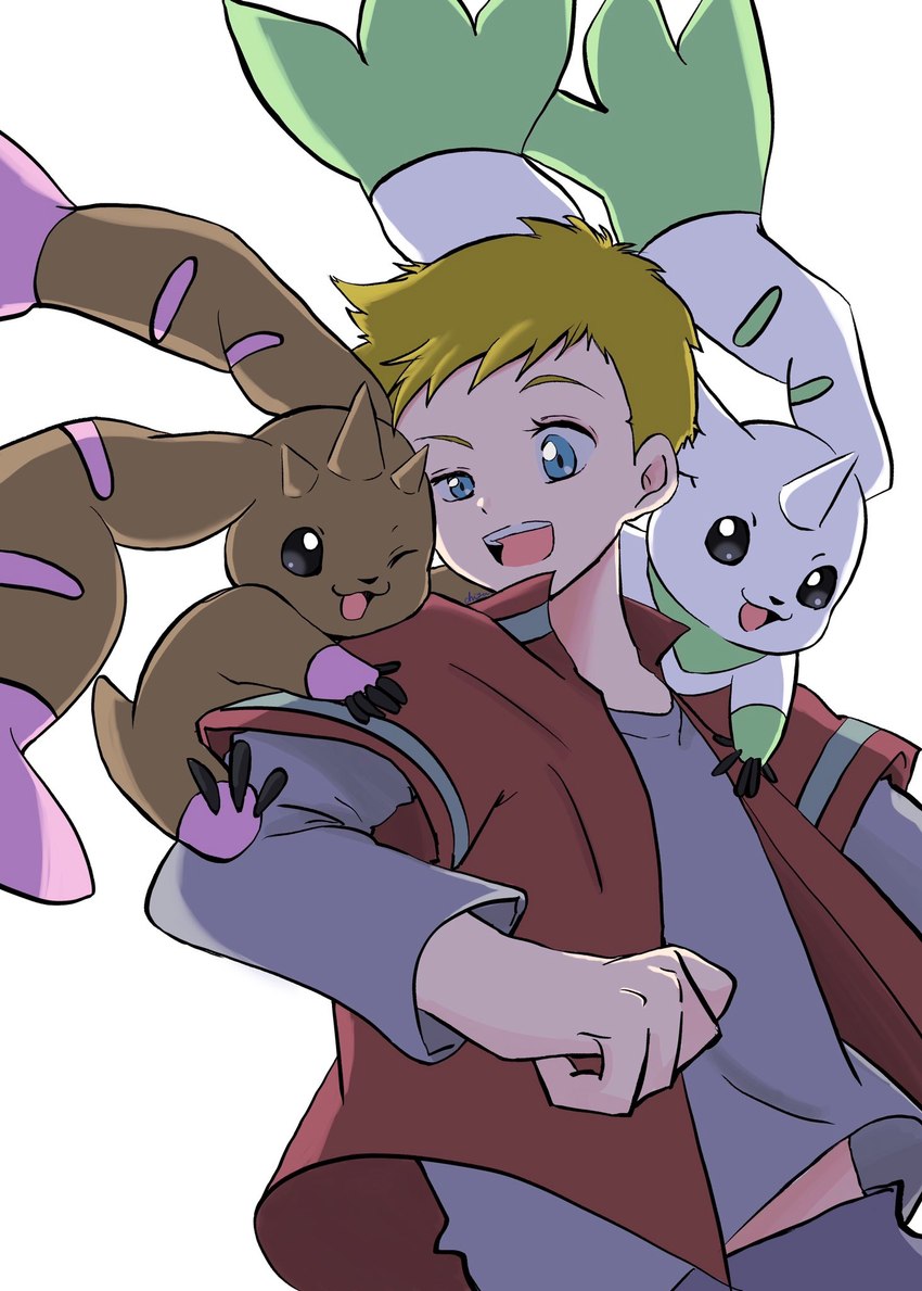 anthro blonde_hair blue_eyes brown_body brown_fur dot_eyes fur group hair horn long_ears male trio white_body white_fur young chiyu1995 bandai_namco digimon willis_(digimon) digimon_(species) human lopmon mammal terriermon hi_res