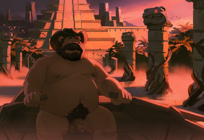 anthro balls beard belly big_belly boat brown_body brown_fur clothing detailed_background facial_hair flaccid foreskin fur genitals hat headgear headwear humanoid_genitalia humanoid_hands humanoid_penis kemono male mature_male moobs mostly_nude mustache navel nipples outside overweight overweight_male penis pubes pyramid rowing sitting solo vehicle watercraft huynhduyad14 scruffy_(scruffybeast) bear brown_bear mammal ursine 2022 absurd_res hi_res