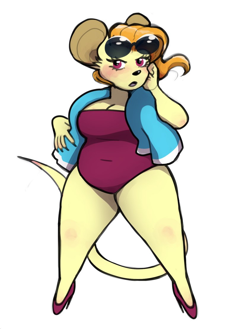 anthro breasts cleavage clothed clothing eyewear female footwear hair high_heels orange_hair red_eyes shoes slightly_chubby slightly_chubby_female solo sunglasses swimwear tail towel unknown_artist rivals_of_aether pomme_(rivals_of_aether) mammal mouse murid murine rodent hi_res