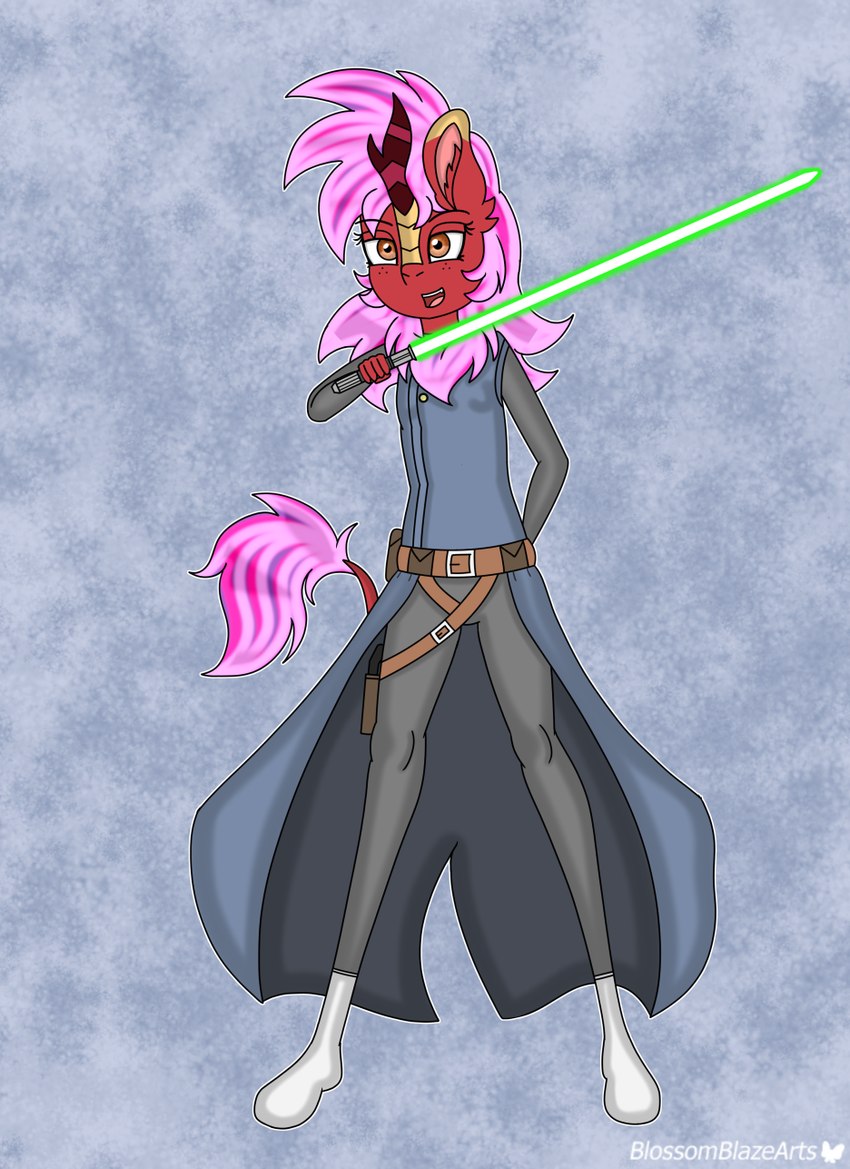 anthro asian_clothing belt clothing female freckles green_lightsaber gun hair hands_behind_back horn jedi legwear lightsaber long_hair long_tail melee_weapon open_mouth pose raised_arm ranged_weapon scales solo tail weapon blossomblaze hasbro my_little_pony mythology star_wars fan_character dragon kirin mammal mythological_creature mythological_scalie scalie hi_res