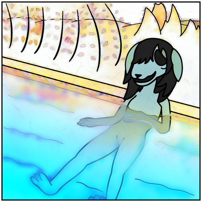 3_toes 4_fingers anthro black_hair black_nose border eyeless featureless_crotch feet female fingers floppy_ears hair hair_over_eye hexagon hot_spring leaf one_eye_obstructed open_mouth outside partially_submerged plant pool relaxing sitting slim smile solo teal_body teal_skin toes water white_border dreamjakl mary_sue_(shane_frost) canid canine canis domestic_dog mammal monster 1:1 2024 colored digital_drawing_(artwork) digital_media_(artwork) hi_res ibispaint_(artwork)