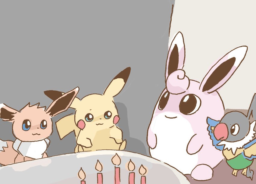 ambiguous_gender beak blue_eyes brown_body candle group neck_tuft pink_body red_cheeks sitting tuft yellow_body get_it_go nintendo pokemon chatot eevee generation_1_pokemon generation_4_pokemon pikachu pokemon_(species) wigglytuff 2019