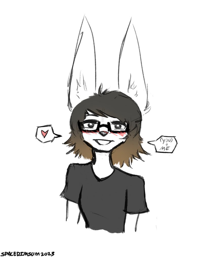 anthro big_ears black_eyes black_nose blush breasts brown_hair clothing cowlick eyewear female female_anthro fur glasses gradient_hair hair heart_symbol inner_ear_fluff rectangular_glasses shirt short_hair simple_background small_breasts smile solo speech_bubble t-shirt text topwear tuft white_background white_body white_fur spacedimsum morgan's_skate_club morgan_mco'nielson chimera 2023 artist_name bust_portrait english_text hi_res portrait