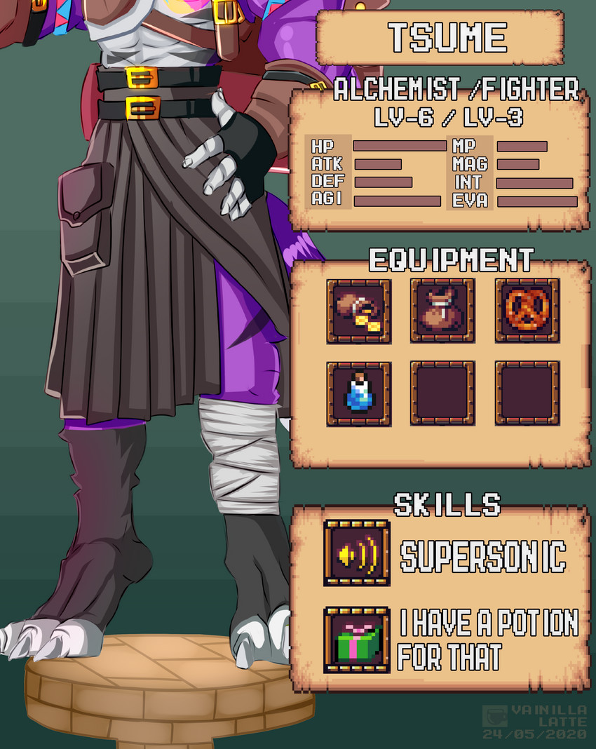 alchemist anthro belt bottomwear clothing dragusmorh equipment food fur headless inventory item_slot kilt level_difference level_number male number pockets pretzel_(food) purple_body purple_fur solo stats tall text white_fingers vainilla_latte dungeons_and_dragons hasbro wizards_of_the_coast tsume_yifu canid canine canis hybrid hyena mammal wolfdog absurd_res character_name english_text hi_res