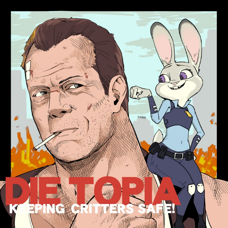 anthro cigarette duo female male police size_difference unknown_artist die_hard disney zootopia bruce_willis john_mcclane judy_hopps human lagomorph leporid mammal rabbit 1:1 crossover