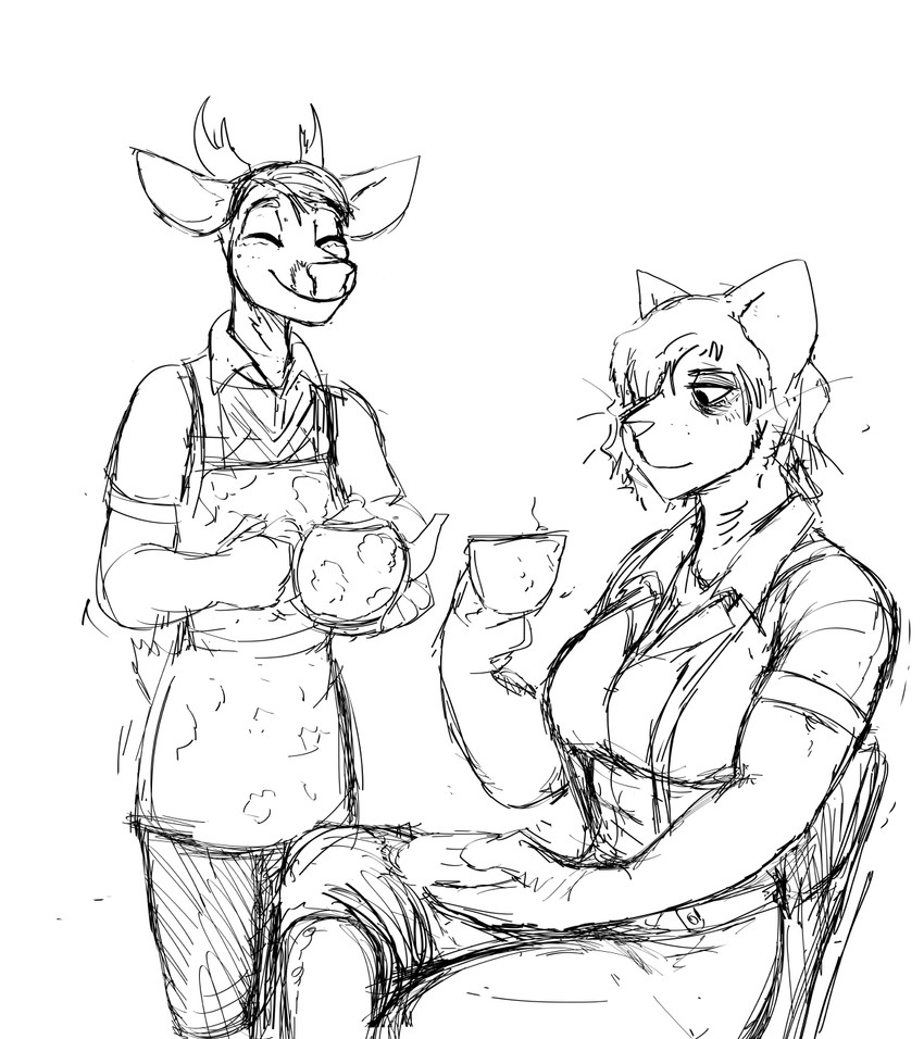 anthro apron beverage chair clothed clothing container cup duo female furniture male serving simple_background sitting smile standing tea tea_cup teapot hladilnik cat_knight deer_prince deer domestic_cat felid feline felis mammal 2021 comic hi_res monochrome sketch