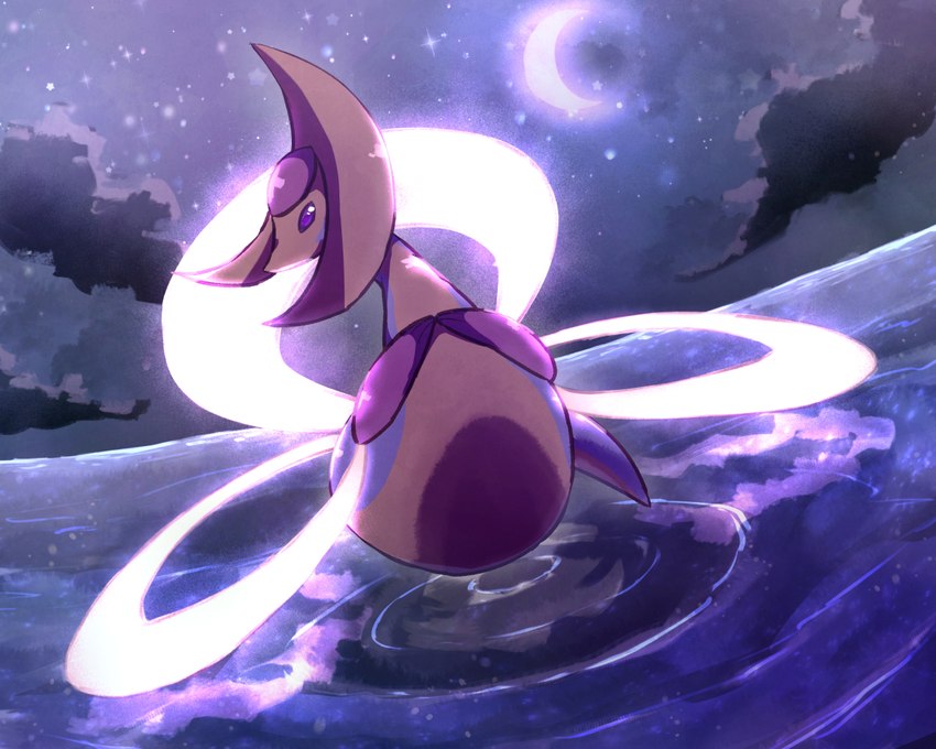 ambiguous_gender beady_eyes bioluminescence blue_body cloud crescent_moon feral glowing light moon moonlight night outside purple_eyes sea solo water yellow_body yt_lvlv nintendo pokemon cresselia generation_4_pokemon legendary_pokemon pokemon_(species) 5:4