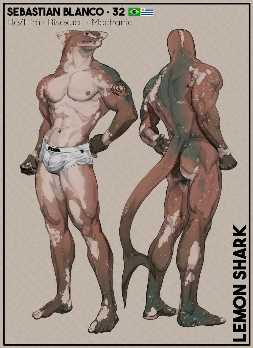 anthro biped bulge butt clothed clothing fin fin_piercing furgonomics furry-specific_piercing male muscular muscular_anthro muscular_male nipple_piercing nipple_ring nipples nude piercing ring_piercing solo standing tail tattoo underwear ekzonzz fish marine shark absurd_res hi_res model_sheet