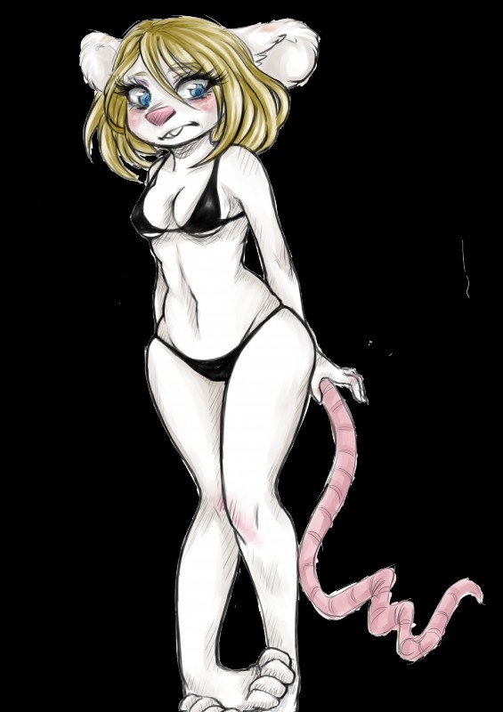 4_toes anthro big_nose bikini biped blonde_hair blue_eyes blush breasts buckteeth clothing feet female fur hair nervous pink_nose solo standing swimwear teeth toes two-piece_swimsuit white_body white_fur cometu endtown holly_hollister mammal mouse murid murine rodent absurd_res alpha_channel full-length_portrait hi_res portrait