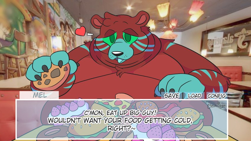 anthro belly big_belly date_pov dating_sim dialogue feeding food fur holding_food holding_object huge_belly hyper hyper_belly male markings morbidly_obese obese overweight red_body red_fur slightly_chubby solo teasing teasing_viewer text cleanplague bear mammal 16:9 english_text hi_res widescreen