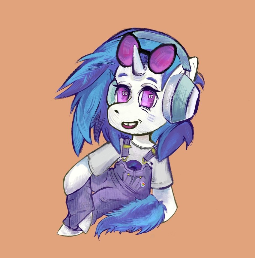 anthro blue_hair clothed clothing denim denim_clothing female hair overalls purple_eyes simple_background sitting smile smiling_at_viewer solo teeth tooth_gap vadoxide vadoxide_artist friendship_is_magic hasbro my_little_pony vinyl_scratch_(mlp) equid equine horse mammal pony hi_res