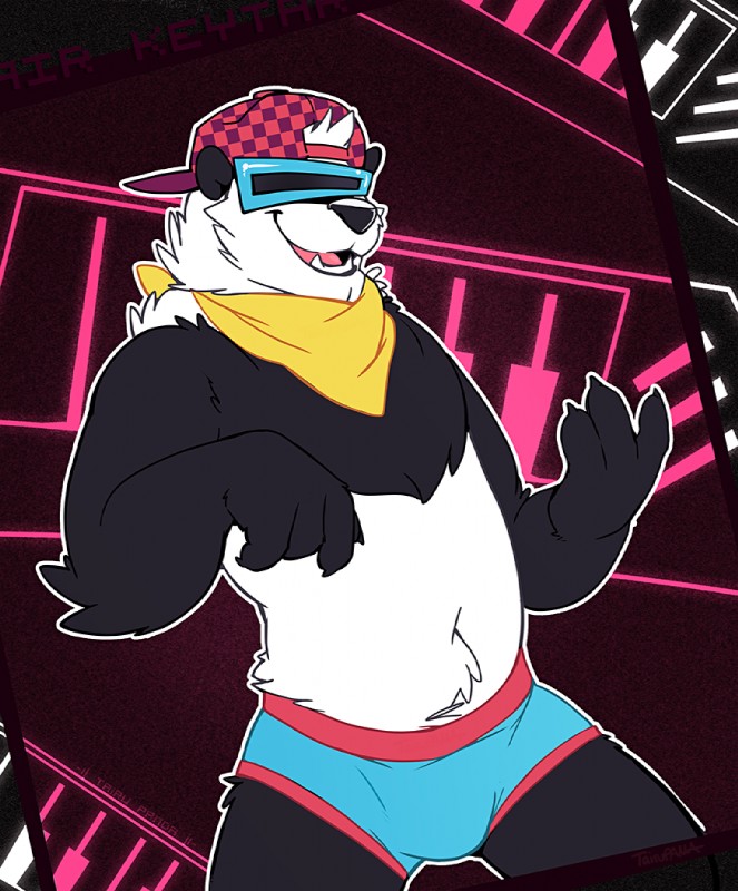 3_fingers 80's_theme abstract_background air_guitar anthro arm_tuft backwards_baseball_cap backwards_hat baseball_cap belly biped black_body black_claws black_ears black_fur black_nose blue_briefs blue_clothing blue_eyewear blue_underwear bottomwear briefs bulge checkered checkered_clothing checkered_hat checkered_headgear checkered_headwear claws clothed clothing elbow_tuft eyewear fingers fur glasses hat headgear headwear kerchief male multicolored_body multicolored_briefs multicolored_clothing multicolored_fur multicolored_hat multicolored_headwear multicolored_underwear naval_tuft neckerchief neckwear open_mouth pattern_clothing pattern_hat pattern_headgear pattern_headwear pink_tongue purple_clothing purple_hat purple_headwear red_briefs red_clothing red_hat red_headwear red_underwear shorts simple_background smile solo standing sunglasses teeth tongue topless tuft two_tone_body two_tone_briefs two_tone_clothing two_tone_fur two_tone_hat two_tone_headwear two_tone_underwear underwear white_belly white_body white_fur yellow_clothing yellow_kerchief yellow_neckerchief super-tuler tairu bear giant_panda mammal 2012 digital_media_(artwork)