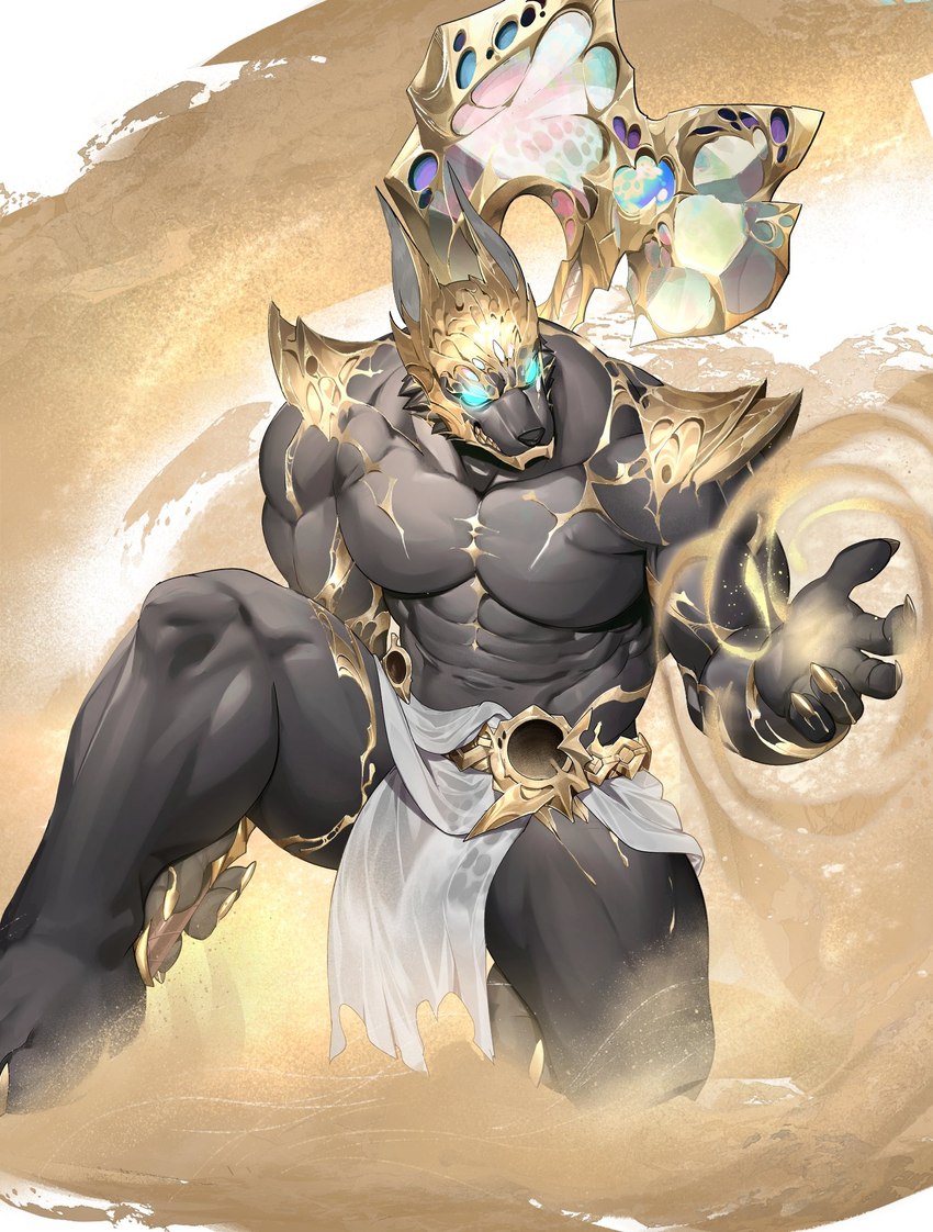 abs anthro armor axe barazoku battle_axe biceps big_muscles bottomwear claws clothed clothing glowing glowing_eyes headgear helmet holding_object holding_weapon huge_muscles kneeling loincloth magic magic_user male markings muscular muscular_anthro muscular_male on_one_knee pauldron pecs sand simple_background snarling solo teeth thick_arms thick_thighs topless topless_anthro topless_male unconvincing_armor weapon rashuubanana league_of_legends riot_games tencent nasus_(lol) anubian_jackal canid canine canis jackal mammal 2025 hi_res