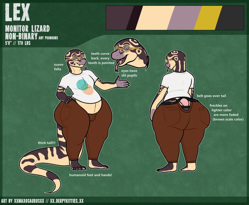 anthro back_markings barefoot belly_overhang big_butt bottomwear brown_body brown_bottomwear brown_clothing brown_pants brown_scales butt clothed clothing color_swatch countershade_hands countershading feet green_background huge_butt information long_tail male markings pants scales sharp_teeth shirt simple_background solo spots spotted_markings stated_gender tail tan_body tan_scales tan_spots teeth text thick_thighs tongue tongue_out topwear white_clothing white_shirt white_topwear wide_hips xxwolf_buttxx lex_(uvbounds) lizard monitor_lizard reptile scalie 2023 absurd_res artist_name english_text hi_res model_sheet nonbinary_(lore)