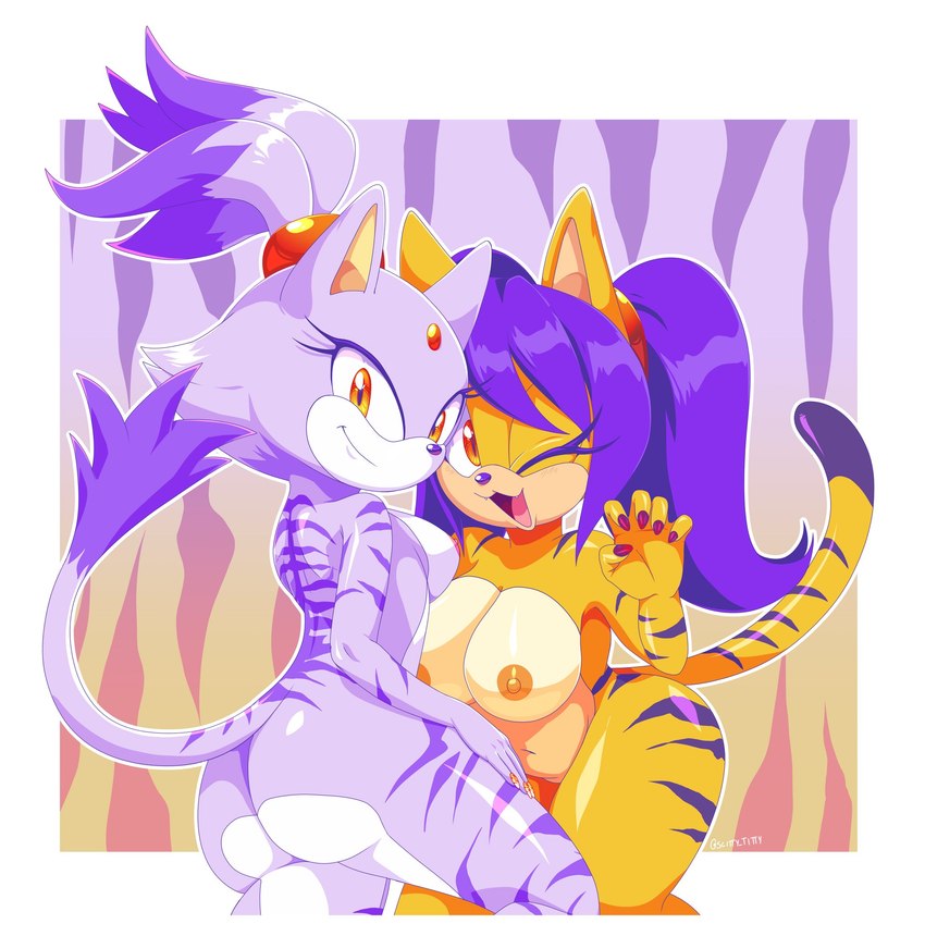 anthro anthro_on_anthro areola breasts butt dipstick_tail duo featureless_crotch female female/female fur hair long_hair looking_at_viewer looking_back markings nipples one_eye_closed open_mouth open_smile ponytail purple_hair smile tail tail_markings wink scittykitty sega sonic_the_fighters sonic_the_hedgehog_(series) blaze_the_cat honey_the_cat domestic_cat felid feline felis mammal 2022 hi_res signature