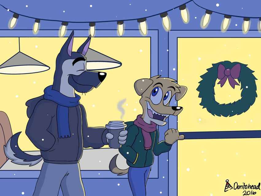 anthro beverage blue_eyes christmas_lights coffee detailed_background duo eyes_closed fingers fur hand_in_pocket holidays male multicolored_body multicolored_fur outside pockets scarf smile tan_body tan_fur teeth tongue two_tone_body two_tone_fur winter wreath yellow_body yellow_fur doritohead christmas kaine_lewis wally_pembroke canid canine canis corgidor domestic_dog german_shepherd herding_dog mammal mixed_breed pastoral_dog 2016 4:3 absurd_res artist_name digital_media_(artwork) hi_res signature