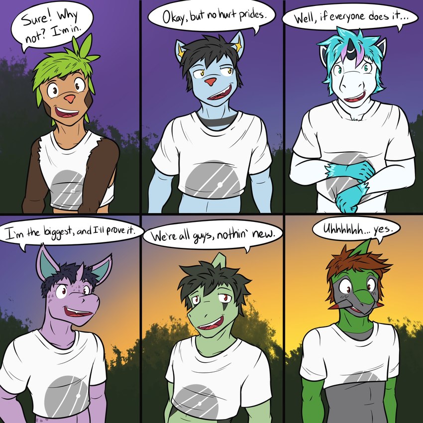 anthro anthrofied clothed clothing crop_top dialogue evening male male/male midriff outside pokemorph shirt speech_bubble sunset t-shirt text topwear torn_sleeves fuze nintendo pokemon cid_(fuze) kai_(fuze) shawn_(fuze) chespin fraxure galarian_form galarian_ponyta generation_1_pokemon generation_2_pokemon generation_4_pokemon generation_5_pokemon generation_6_pokemon generation_8_pokemon larvitar nidoran nidoran♂ pokemon_(species) regional_form_(pokemon) shinx 1:1 comic english_text hi_res