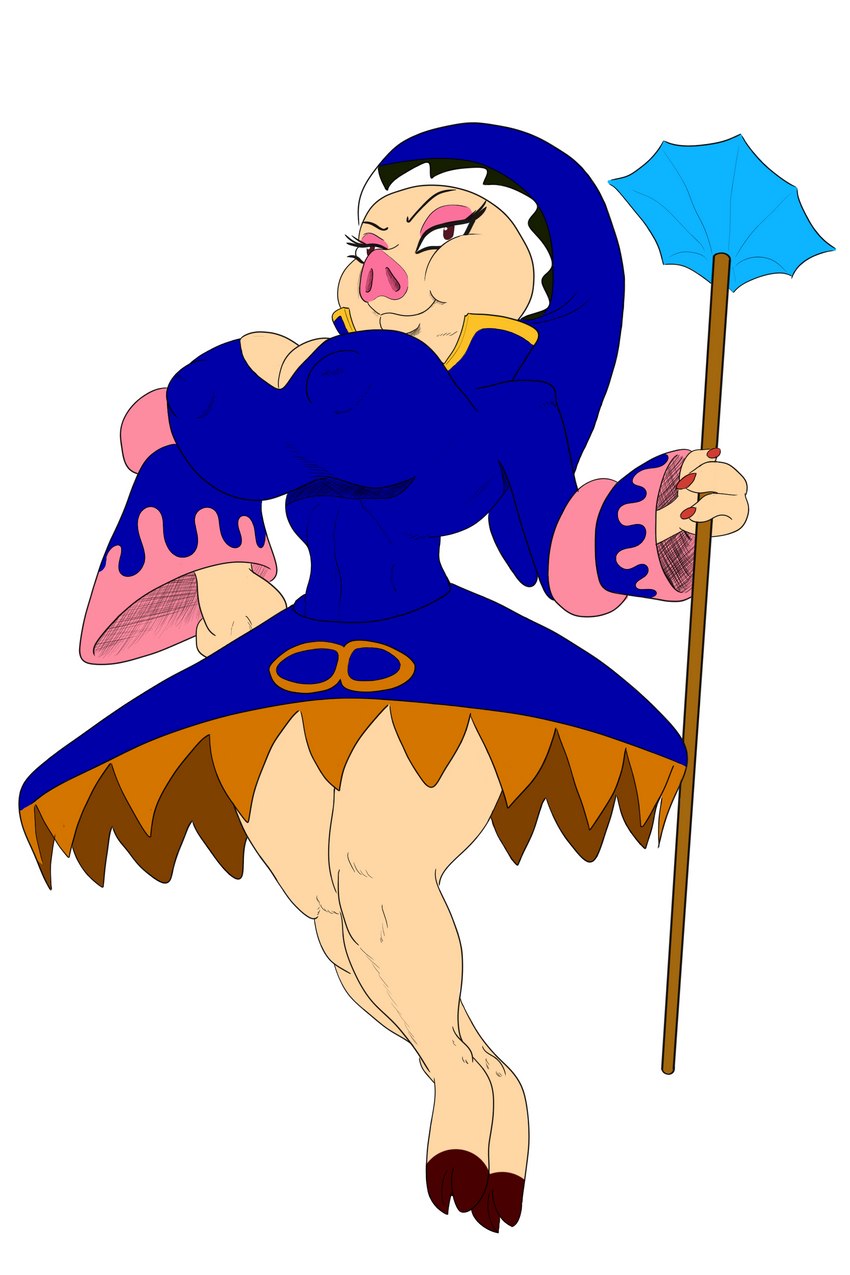 anthro big_breasts bottomwear breasts clothing erect_nipples evil_water_pig eyeshadow female makeup nipple_outline nipples pig_nose skirt smile smug solo thick_thighs zst_xkn tomba! tomba tombi domestic_pig mammal suid suine sus_(pig) 2:3 absurd_res colored hi_res