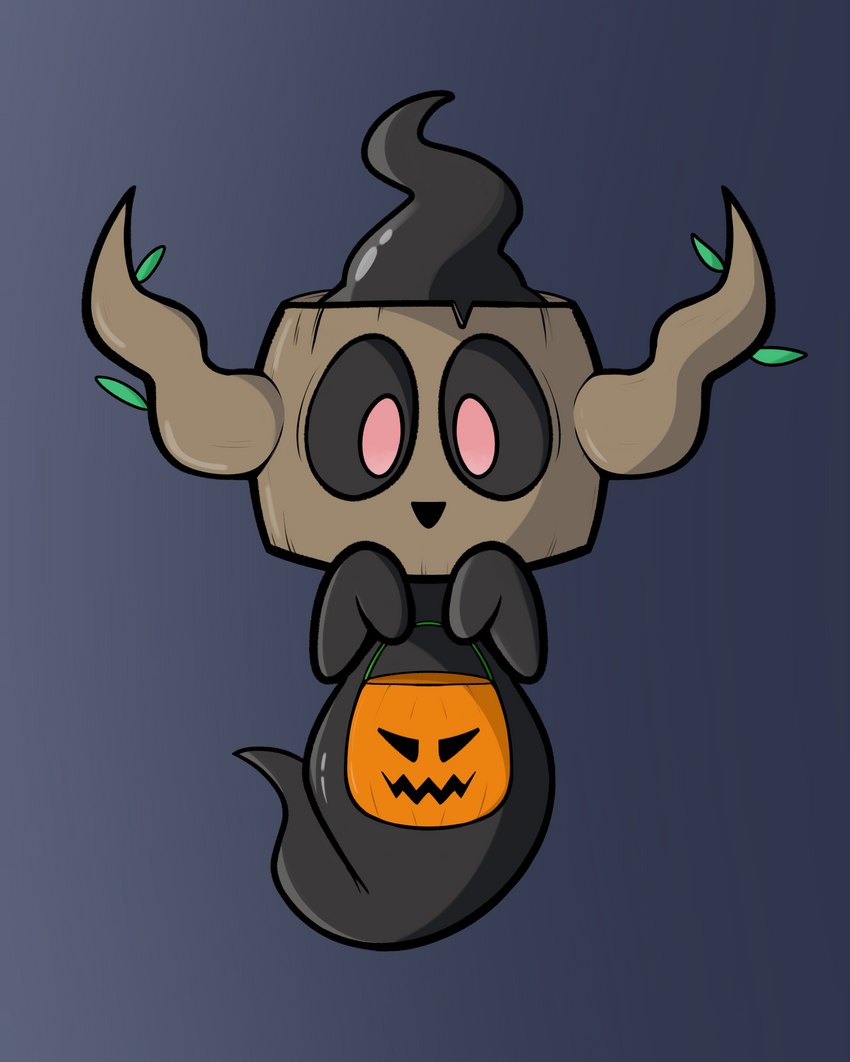 ambiguous_gender bag black_body floating happy holding_object holidays leaf pink_eyes simple_background solo trick-or-treating wood sherwind52 halloween nintendo pokemon generation_6_pokemon ghost phantump pokemon_(species) spirit absurd_res hi_res