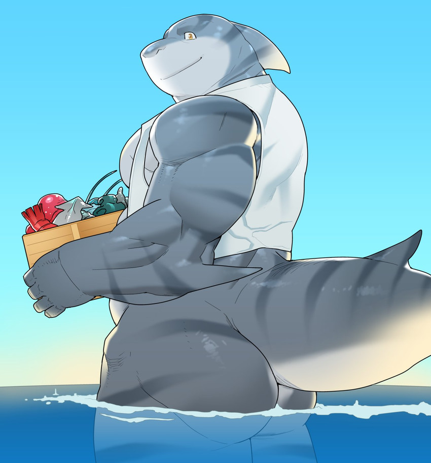 anthro barazoku butt clothing humanoid_hands kemono male muscular muscular_anthro muscular_male outside shirt solo tank_top topwear water kira_nerisu fish marine shark 2020 hi_res