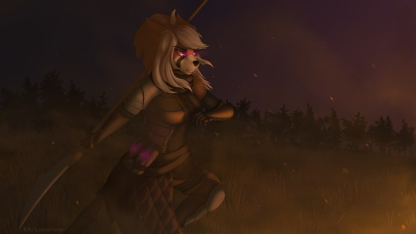 anthro armor female fire forest gem melee_weapon naginata night plant polearm solo tree weapon lunarium dungeons_and_dragons hasbro wizards_of_the_coast hibi_(kamikas) ailurid mammal red_panda 16:9 4k absurd_res hi_res widescreen