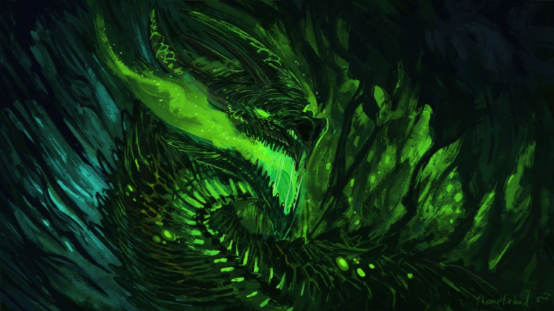 ambiguous_gender black_body black_scales breath_powers fangs feral glowing glowing_body glowing_eyes glowing_mouth glowing_scales green_eyes horn open_mouth scales smile smoke solo teeth themefinland mythology dragon mythological_creature mythological_scalie scalie 2018 digital_media_(artwork) green_theme