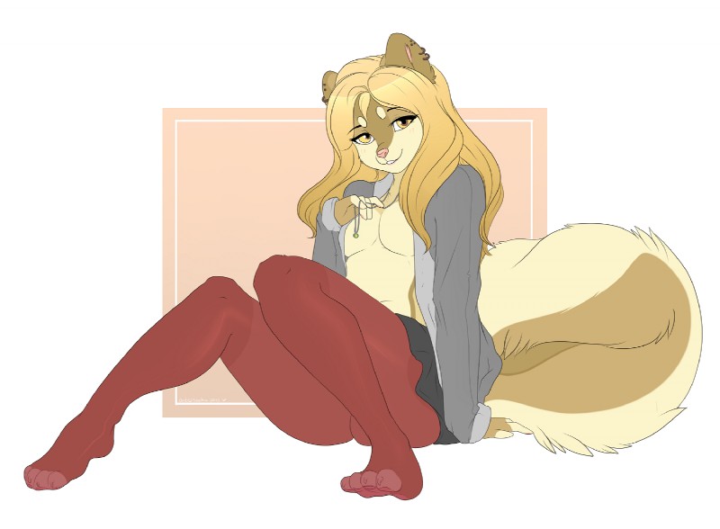 anthro blonde_hair bottomwear breasts cardigan clothed clothing female hair jewelry legwear miniskirt necklace open_clothing open_shirt open_topwear pendant piercing shirt simple_background skirt solo suggestive sweater tights topwear saetia mstr85 canid canine canis domestic_dog mammal pomeranian spitz