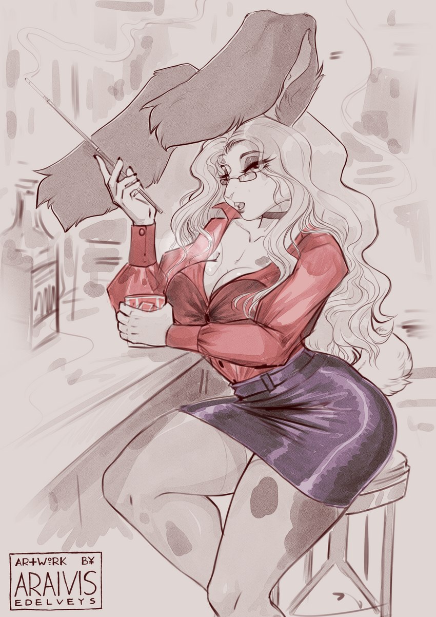 alcohol anthro bar beverage big_breasts bottomwear breasts choker cigarette_holder clothing eyelashes eyeshadow eyewear female fluffy_ears glasses hair jewelry legwear long_ears long_hair makeup miniskirt mouthpiece necklace neckline nub_tail pose red_clothing simple_background skirt smoking solo stockings translucent translucent_clothing wide_hips araivis-edelveys bnuy_hannah_(araivivis-edelveys) lagomorph leporid mammal rabbit 2023 absurd_res hi_res pinup sketch